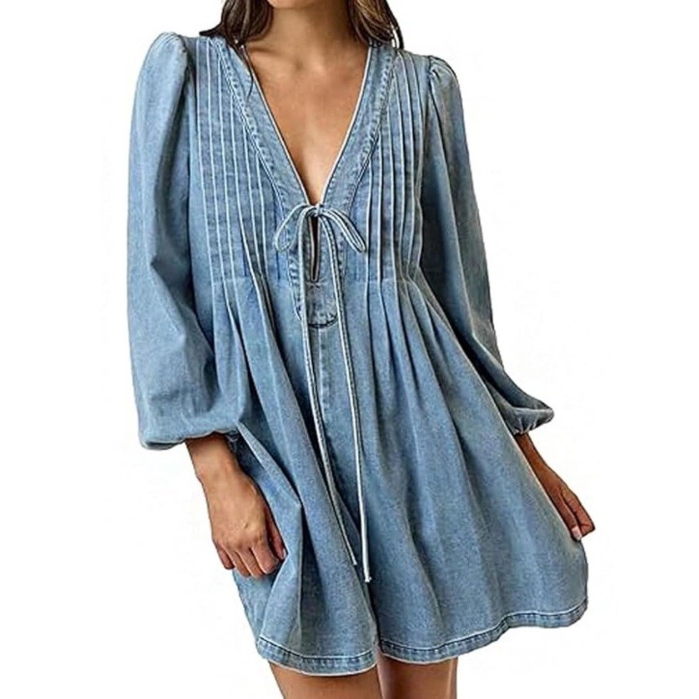 Lalavon Women's Blue Pintuck Pleated V Neck Puff Sleeve Mini Denim Dress Size L